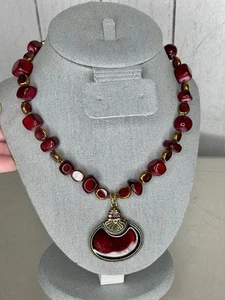 Vintage Gold & Red Glass Beaded Pendant Necklace Statement Glam - Picture 1 of 5