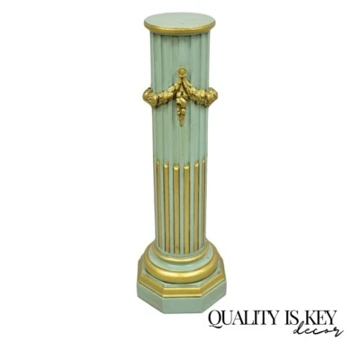 Pedestal de columna de madera pintado verde y dorado del Imperio Francés neoclásico italiano Foto 1 de 4