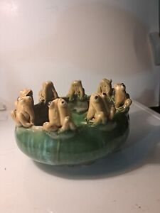 Vintage Majolica Frog Bowl Planter 8 Frogs Lily Pads- Signed