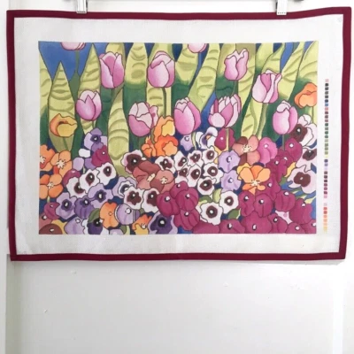 Handpainted Needlepoint Canvas Bed of Flowers Purple Yellow Green Floral 18 Mesh - Image 1 of 2