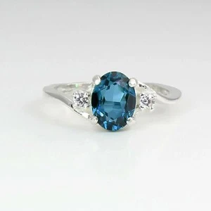 Natural London Blue Topaz and White Sapphire Ring Sterling Silver 925 / Oval-Cut - Picture 1 of 4