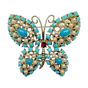WEISS Vintage Butterfly BROOCH Turquoise  Large Pin Signed Rhinestone 2-1/4" D - Picture 1 of 13