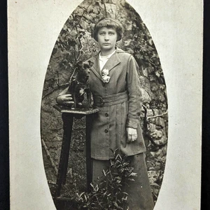RPPC Small Terrier Dog On Pedestal Woman Antique Real Photo Postcard - Picture 1 of 5