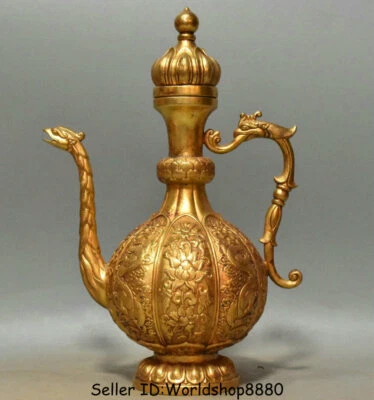 10.8" Old Chinese Copper 24k Gold Gilt Dynasty Dragon Phoenix Handle Wine Pot - Image 1 of 4