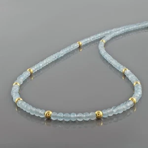 Natural Aguamarina 3mm Pequeño Cuentas 18" Cadena 925 Plata Mano de Mujer Collar - Imagen 1 de 6