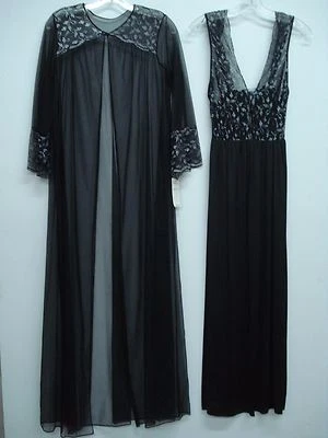 Conjunto de vestido largo y bata lencería Nancy King hecho en EE. UU. talla pequeña negro/plateado #473C Foto 1 de 4