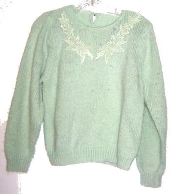 Mint Green Sweater with Floral Applique & Green Pearl Accents Long Sleeve Size M - Image 1 of 4