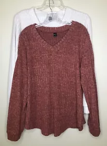Lot of 2 Sweaters XL Cream & Rust Red Long Cuffed Sleeve V-neck Pullover Ribbed - Picture 1 of 8
