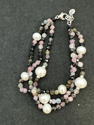 Bracelet 3 Strand Tourmaline Pearl Sterling Silver Gorgeous Natural Gemstones - Image 1 of 4