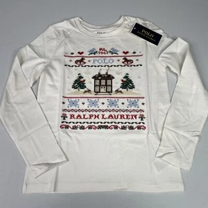 Polo Ralph Lauren Girls Size XL (16) White Holiday Print Tee Shirt Long Sleeve - Picture 1 of 7