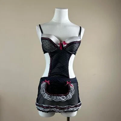 Hot Pink Black and White Scene Y2K Mcbling Mall Goth Ruffle Maid Tie Slip Dress - Image 1 of 4