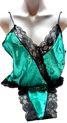 Vtg Second Skin Satin Glossy TEDDY Bra Hi Cut BODYSUIT  Teddy Sz Large Green - Image 1 of 4