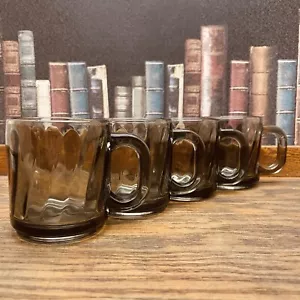 Vtg Libbey Smoked Thick Black Swirl Glass 4pc Mug Set 12oz Cups - Picture 1 of 9