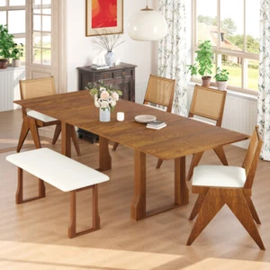 Modern 6-Piece Extendable Dining Table Set w/ 4 Back Upholstered Chairs & Bench - Picture 1 of 24