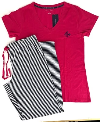 Tommy Hilfiger Embroidered Red V-Neck Stripe Pajama 2 Piece PJ Set Sz Medium NWT - Image 1 of 4