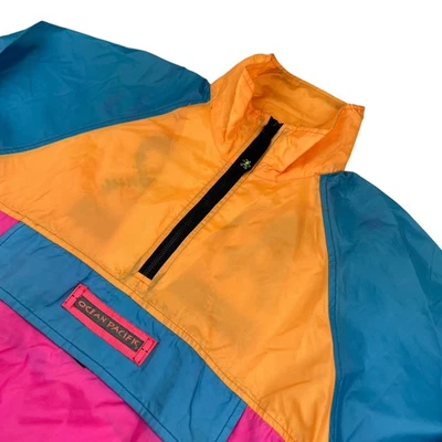 Cortavientos Anorak Neón De Colección Años 80 Ocean Pacific OP Para Hombre Nylon 1/4 Cremallera • Pequeño Foto 1 de 4