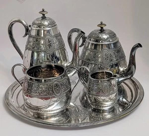 Raro Antiguo Mappin & Webb Sheffield Plato de Plata Grabado Decorativo Juego de Té - Imagen 1 de 24