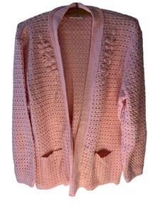 Vintage 60s Bams Knits Pink Cardigan S/M Crochet Teacher Cottage Oma Afghan - Bild 1 von 11