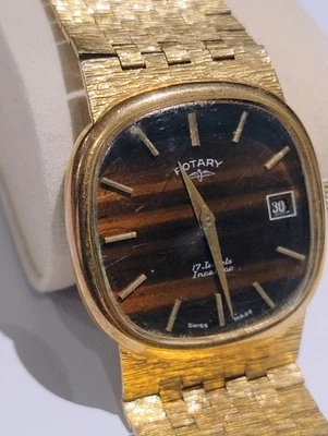 Rare Tigers Eye Rotary Mens Watch Vintage Gold Tone Manual Wind Working - Image 1 of 4