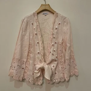 Queenspark Linen Embroidered Wrap Blouse Anglaise Broderie Ladies Sz 12 Mystical - Picture 1 of 12