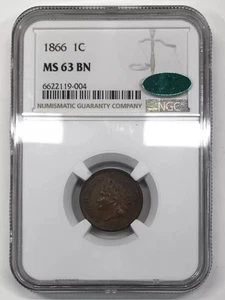 1866 Indian Head Cent NGC MS-63 BN CAC -FS-301 Repunched Date (RPD-001) Snow S-2 - Picture 1 of 5