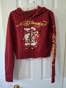 Ed Hardy Hoodie Womens XL Mi Amore Cropped Y2k Grunge  Sweatshirt Tattoo - Picture 1 of 8
