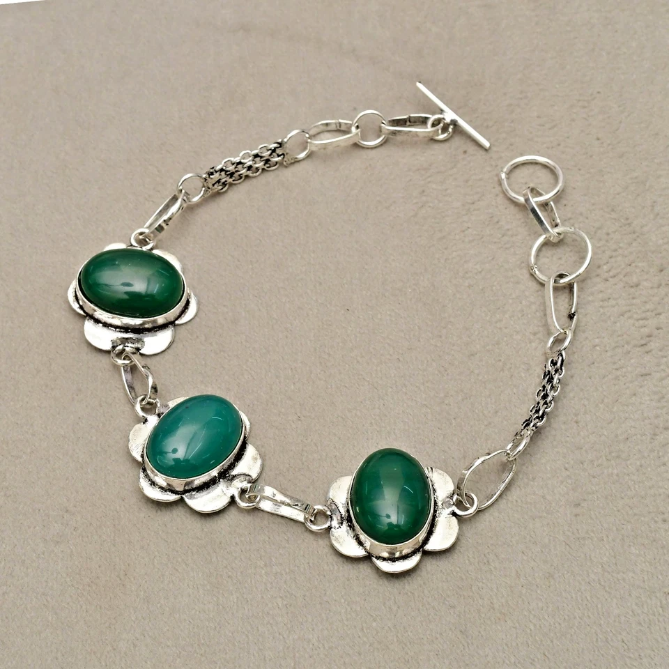 Brazalete de joyería hecha a mano de plata de ley 925 con piedras preciosas de ónix verde 7-8" Foto 1 de 4