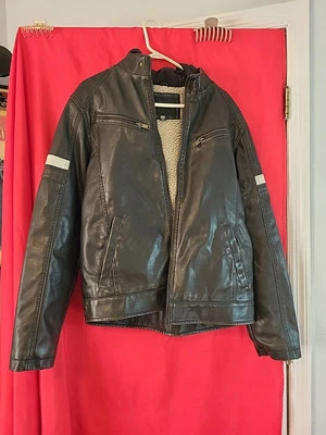 STRUCTURE Striped Black L Large Faux Leather Moto Hooded Jacket Mens EUC  - Image 1 of 4