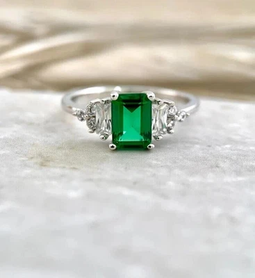 3.00 Ct Emerald Cut Natural Emerald & Diamond Anniversary Ring 14k White Gold 7 - Image 1 of 4