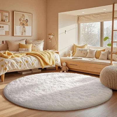  Round Rug 5Ft White Circle Area Rug, Aesthetic Room Decor, Fluffy Fuzzy  - Image 1 of 4