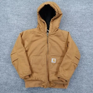 Carhartt Jacket Boys XS Brown Canvas Hooded Quilt Lined Full Zip Pockets 6 Youth - Picture 1 of 14