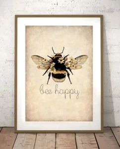 Vintage Style 'Bee Happy' Bumblebee Floral Motivational Canvas Print 2 Sizes New - Picture 1 of 6