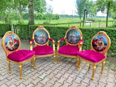 1940's French Louis XVI 4 Side Chairs in Gold Beech With Scenery and Velvet Cover