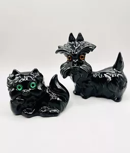 Vintage Roselane California Pottery Pair Black Cat & Dog Figurine Green Eyes MCM - Picture 1 of 10