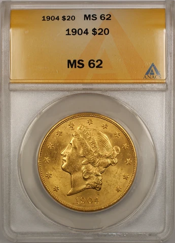 1904 $20 Liberty Double Eagle Gold Coin ANACS MS-62 SB (H) Cover