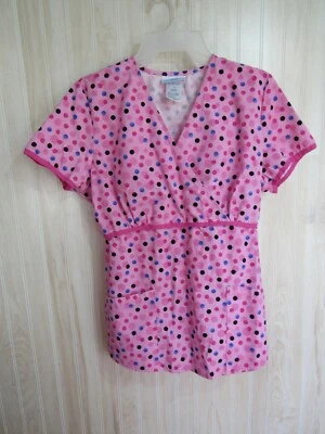 SB Scrubs Scrub Top Size S Pink Multi Color Polka Dots V Front Back Elastic  - Image 1 of 3