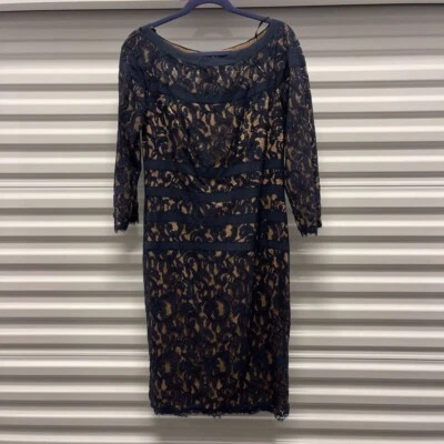 Nuevo Vestido Vaino Tadashi Shoji Para Mujer Azul Marino Beige Encaje Rayas Forrado Manga 3/4 14 Foto 1 de 4