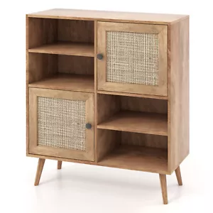 Rattan Buffet Sideboard Accent Storage Cabinet Coffee Bar Cabinet Doors Cubbies - Picture 1 of 9