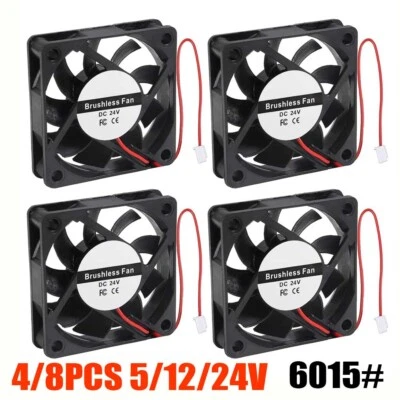 4/8Pcs High Speed 5/12/24V 60X15mm DC 2 Pin Brushless Cooling Fan Exhaust IDE - Image 1 of 4