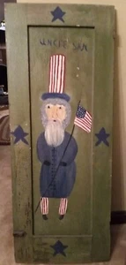 Primitive Hand Painted Uncle Sam Americana Sign Picture On Antique Cupboard Door - Picture 1 of 6