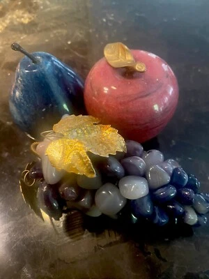 BEAUTIFUL DECO  DARK PINK MARBLE APPLE, BLUE MARBLE PEAR & NATURAL STONE GRAPE - Image 1 of 4