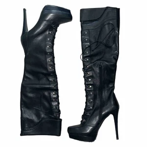 NIB Stuart Weitzman COMBAT OTK Thigh High Black Leather Lace-Up Platform 8.5 VTG - Picture 1 of 12