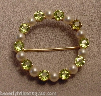 Exquisite Vintage 14k Gold Peridots & Pearls Circle Brooch - Image 1 of 4