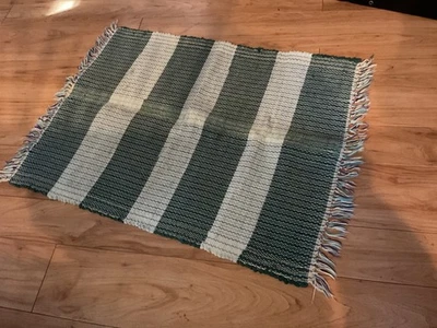 Vintage  Rag Rug 35x27" Striped  Green Farmhouse Country Cabin Entry Way - Image 1 of 4