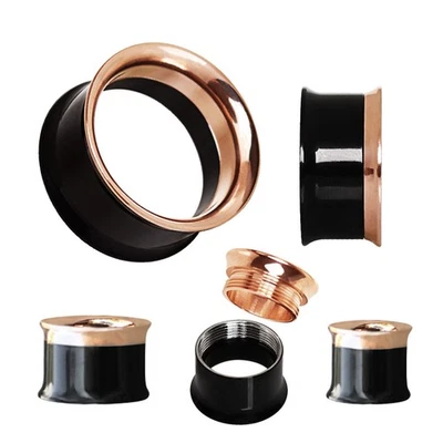 PAIR of 2-in-1 Black PVD / Rose Gold Plated Screw Tunnel Plug - Image 1 of 4