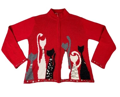 Suéter Coldwater Creek Cremallera Completa Grande Rojo Gato Ramie Cárdigan Cuentas Gato Dama Foto 1 de 4