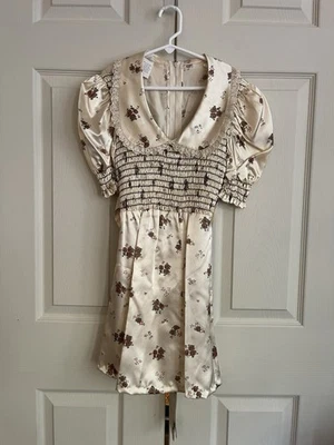 Vintage Girl’s Satin Smock Dress Floral Print Ivory Size 7/8 Short Sleeve - Image 1 of 4