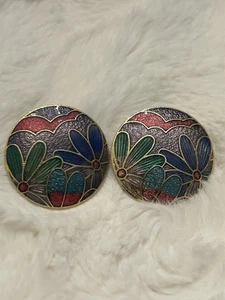 Vintage Cloisonné Earrings Multicolor Golden Enamel Art To Wear Grandmacore - Picture 1 of 5