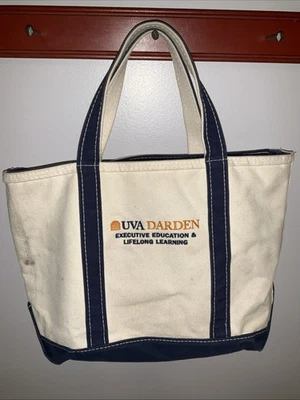 LL Bean Boat and Tote Canvas Bag USA Zip Close Top Ivory & Navy Embroidered UVA - Image 1 of 4
