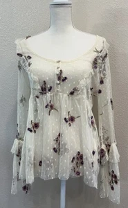 Anthropologie Women Ivory Embroidered Purple Floral Bell Sleeve Top Small - Picture 1 of 8